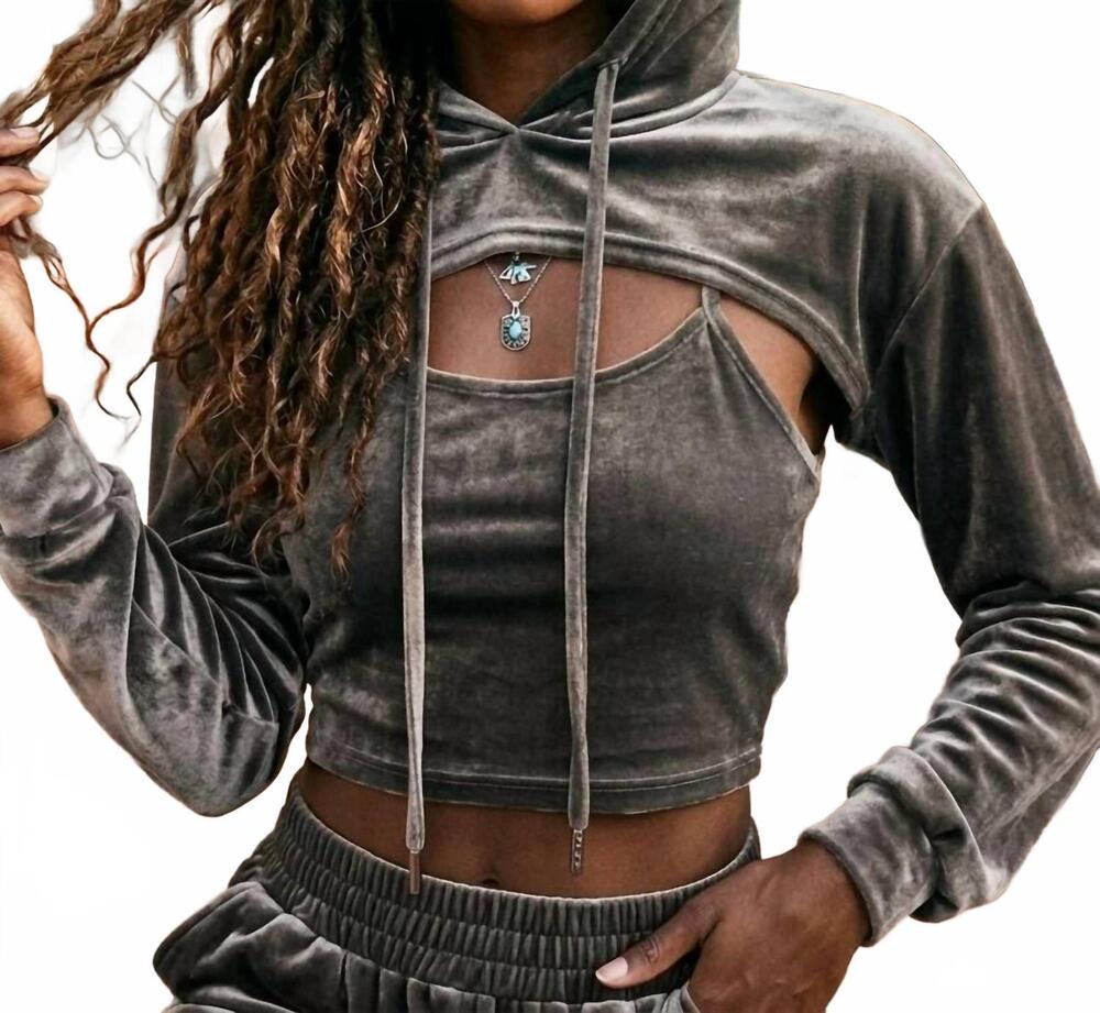 NEW SURELYMINE malibu vintage relaxed velvet cropped hoodie set in charcoal